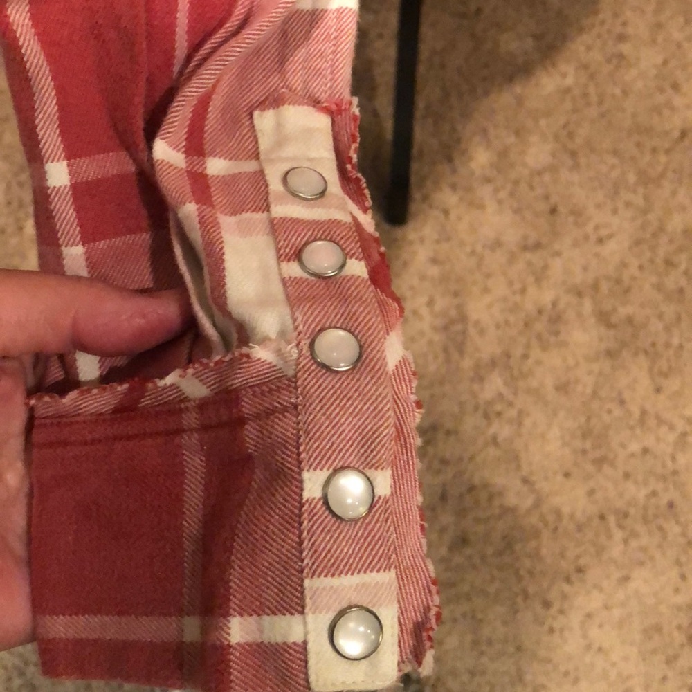 Free People Always Forever Ruffle Red Pink Plaid Flannel Top Small - Picture 9 of 12